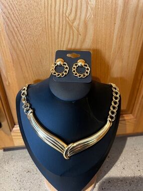 Monet Gold-Tone Curved Center Statement Necklace with Chain Hoop Earrings